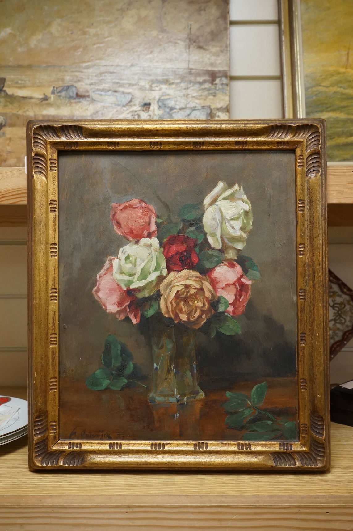Franz Ondrusek (Czech, 1861-1932), oil on board, Still life of roses in a vase, signed, 34 x 28cm